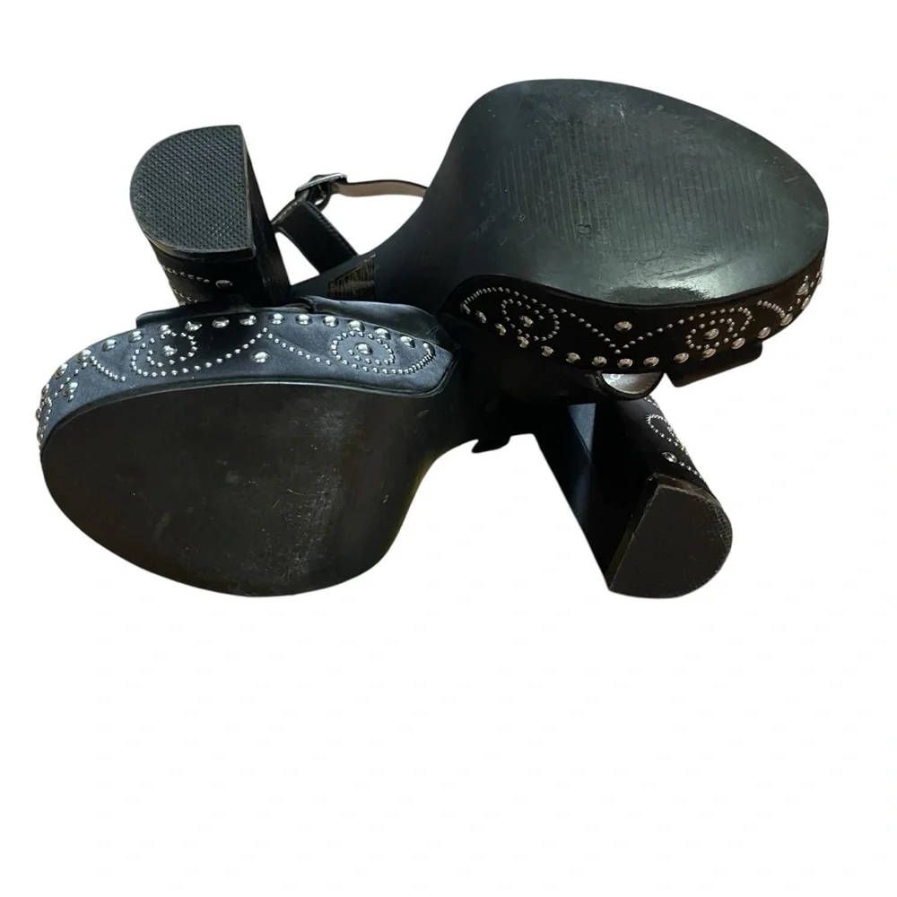 Chic Black Satin Platform Heel Sandals with Silver Studded‎ Accents Ankle strap